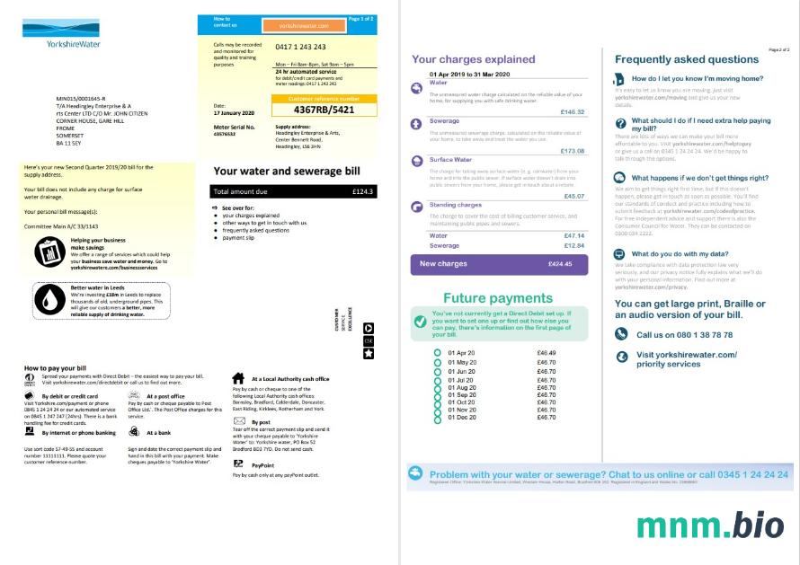 Szablon rachunku za media wodne w Wielkiej Brytanii w formacie Word i PDF (2 strony)